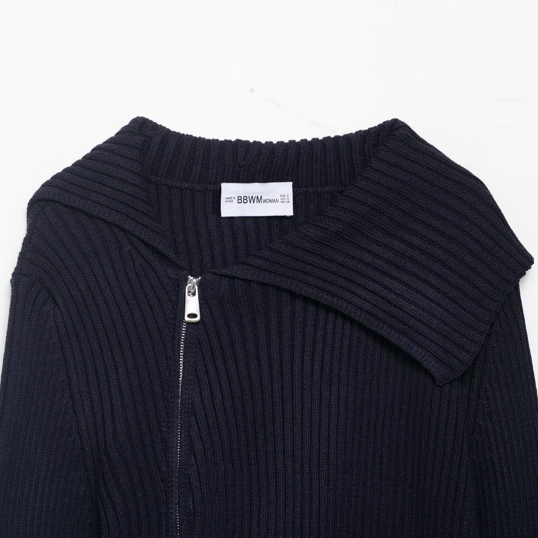 Damen Strickpullover mit asymmetrischem Reißverschluss und voluminösem Kragen Drune