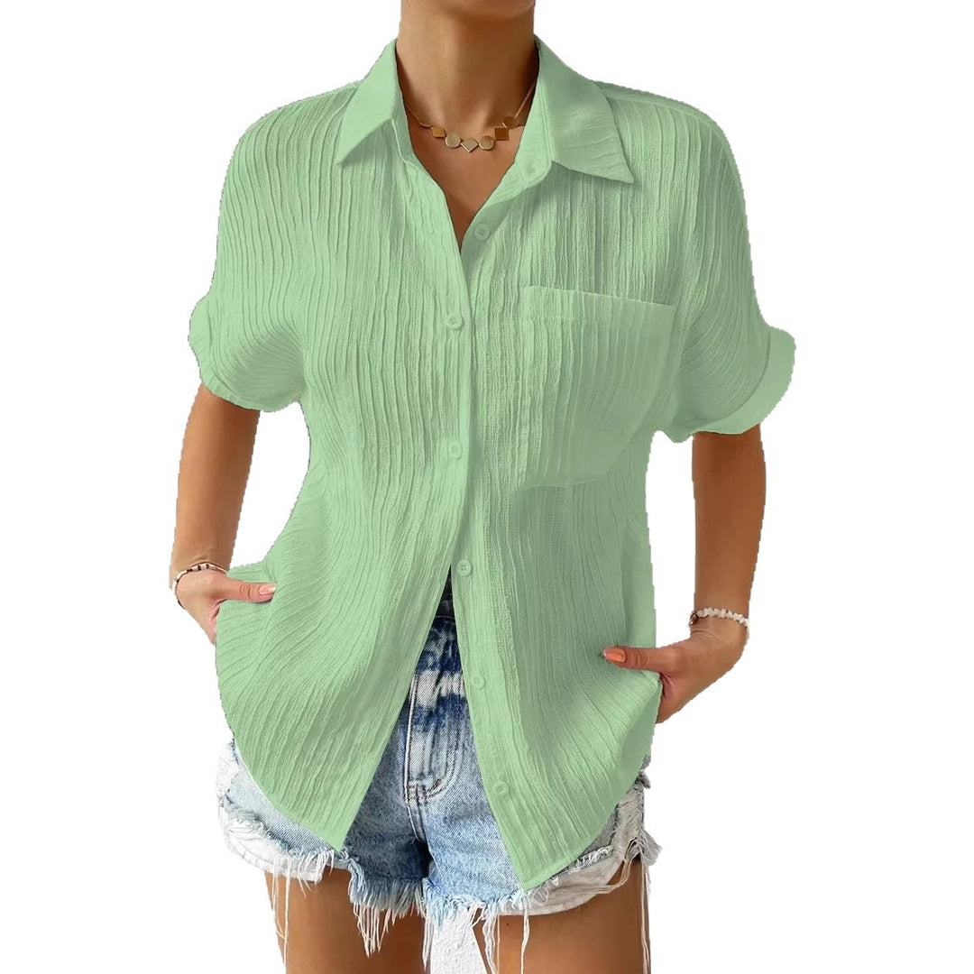 Damen lässige kurzärmlige Bluse mit Struktur und Brusttasche Drune