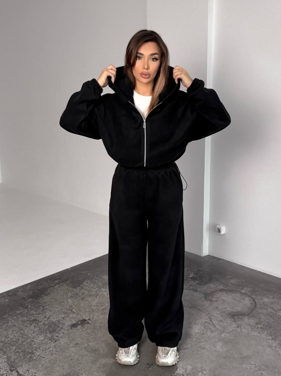 Damen Oversized Fleece-Jogginganzug mit Kapuze und weiten Beinen Drune