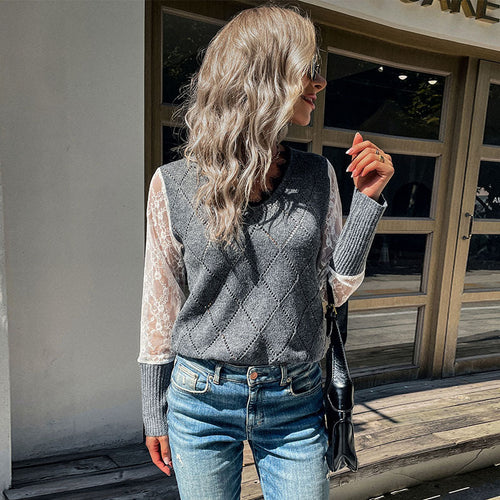 Damen Strickpullover mit Spitzeneinsätzen und modernem Rautenmuster Drune