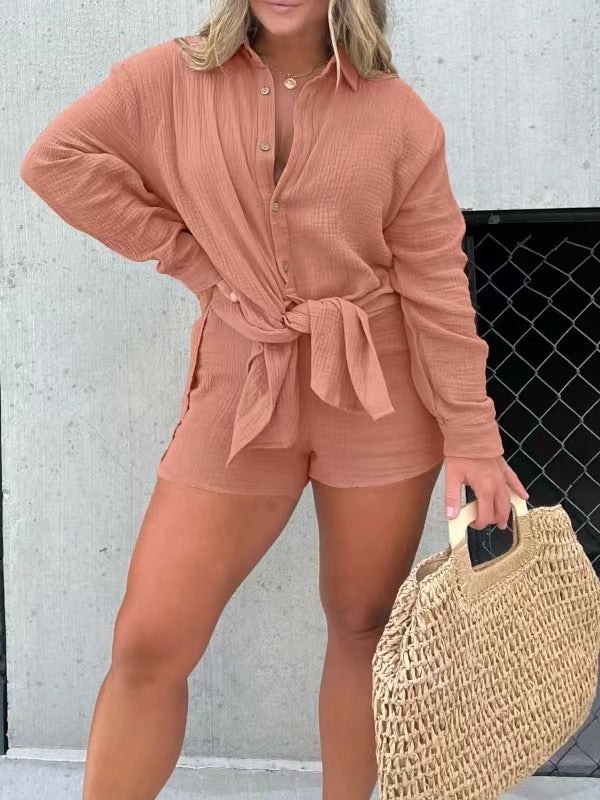Damen lässiges Krepp-Blusenshirt und Shorts-Set mit taillierbarem Gürtel Drune