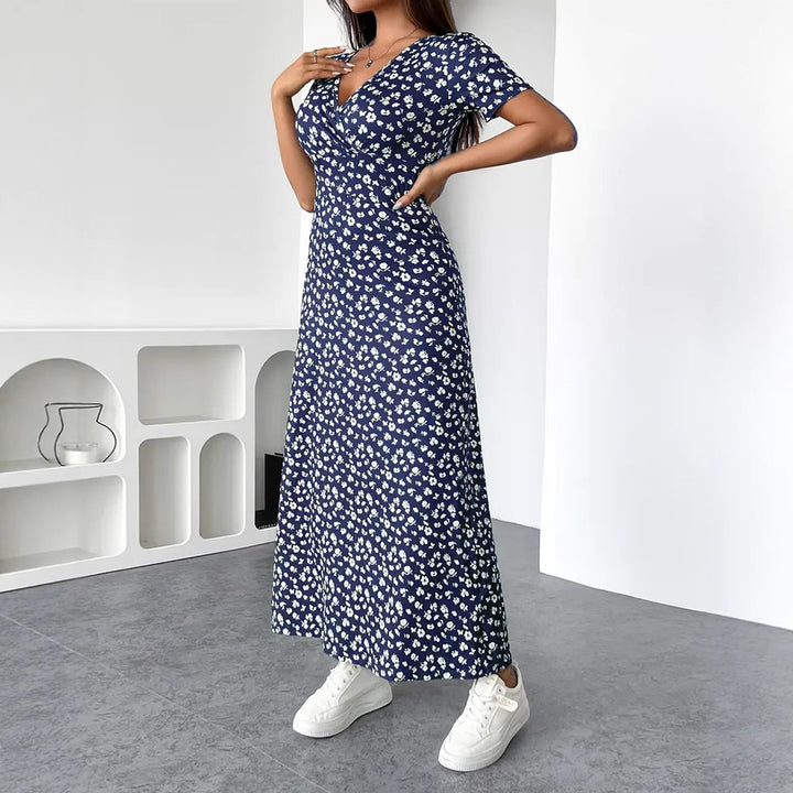 Damen nan tailliertes V-Ausschnitt Wickeloptik Maxikleid aus Viskosejersey mit kurzen Ärmeln und A-Linien-Saum Drune