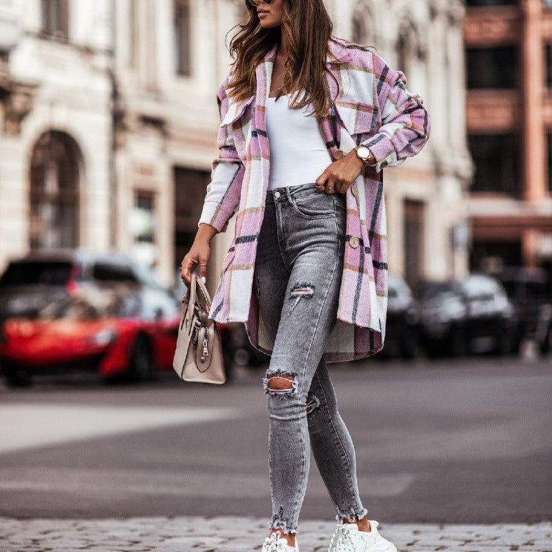 Damen Oversized Blazerjacke im karierten Design mit praktischen Taschen und Knopfdetails Drune