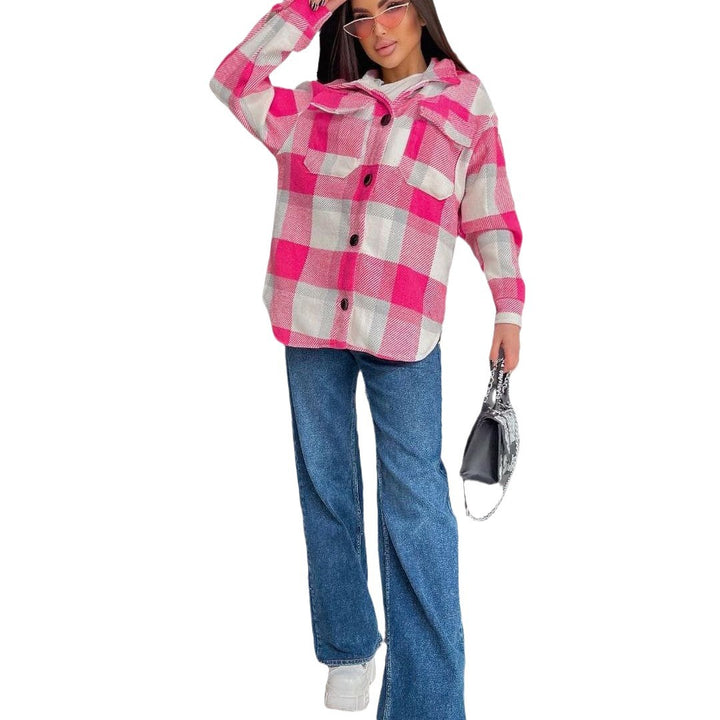 Damen Karierte overshirt mit weichem Fleece und Druckknopfverschluss Drune