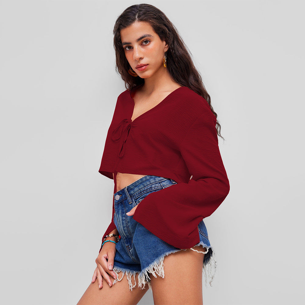 Damen Crop-Oberteil mit tiefem V-Ausschnitt und verspieltem Knoten Drune