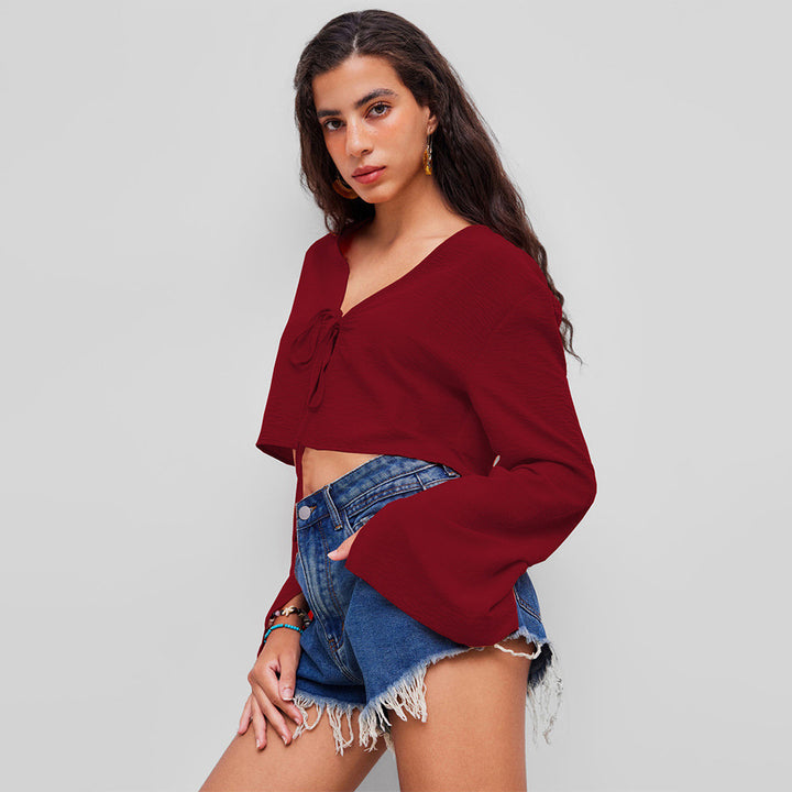 Damen Crop-Oberteil mit tiefem V-Ausschnitt und verspieltem Knoten Drune