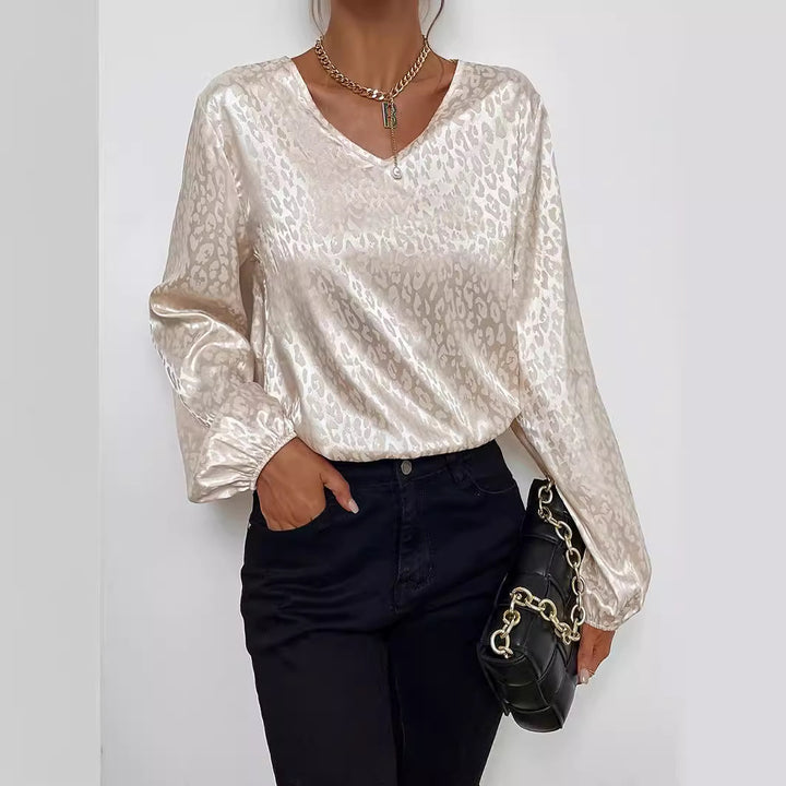 Damen Elegantes Blusentop mit V-Ausschnitt und voluminösen Ärmeln Drune