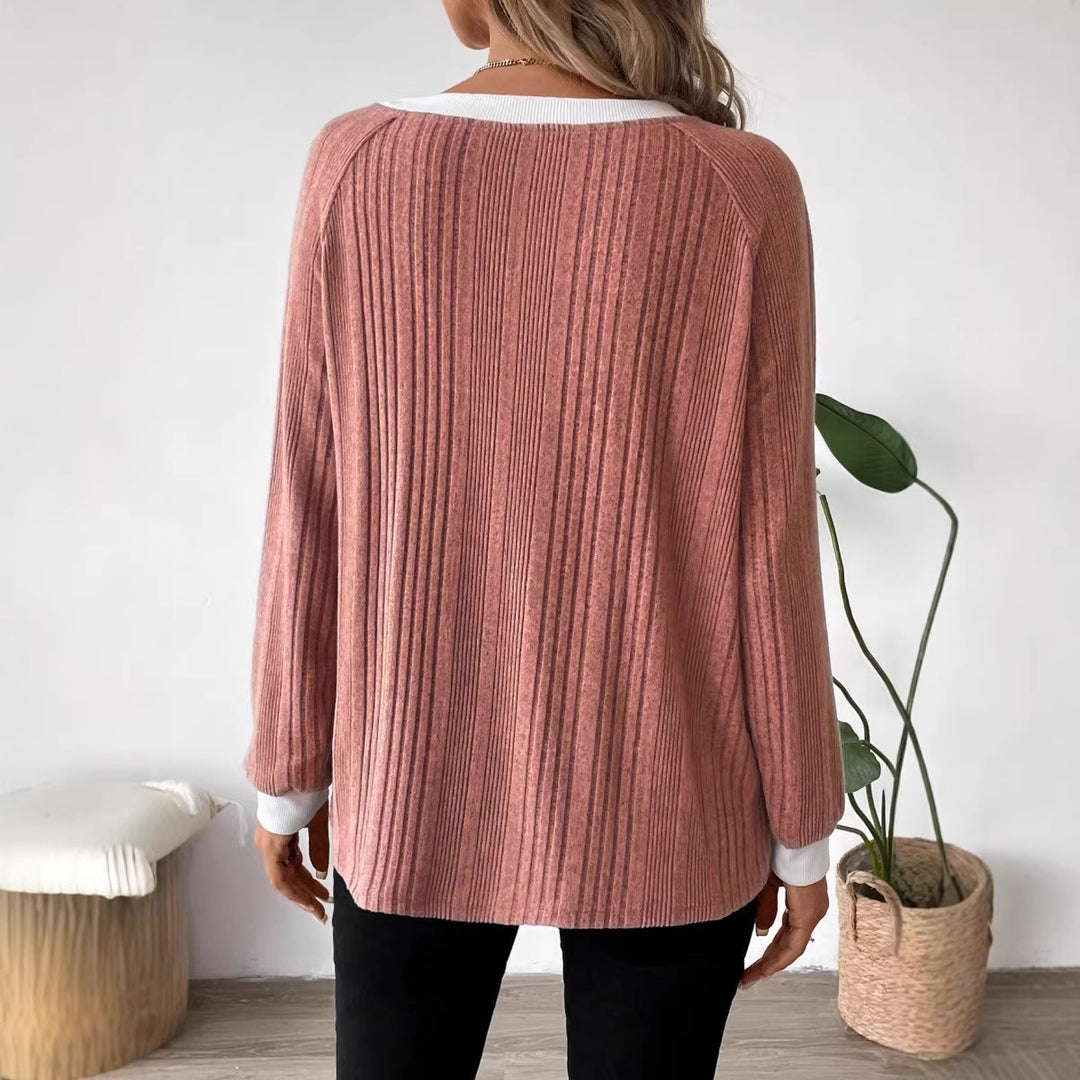Damen lässiger Pullover mit optimalem Rippenstrickdesign und kontrastrierendem Besatz Drune
