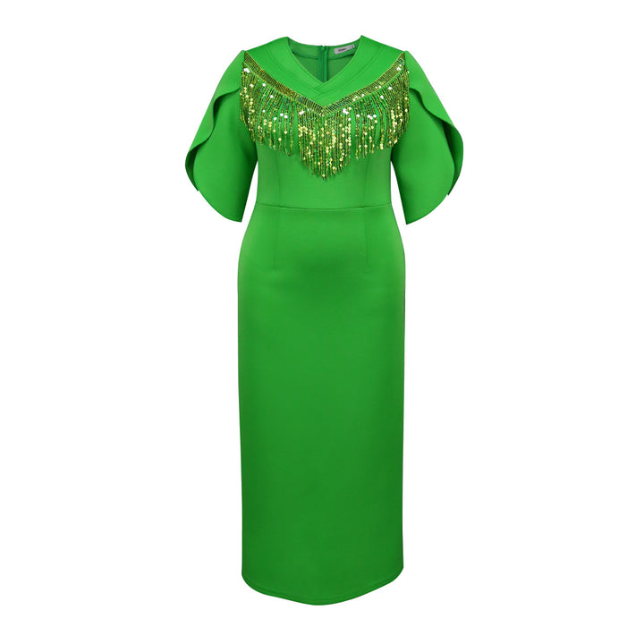 Damen Glamouröses Maxikleid mit funkelndem Fransenkragen Drune