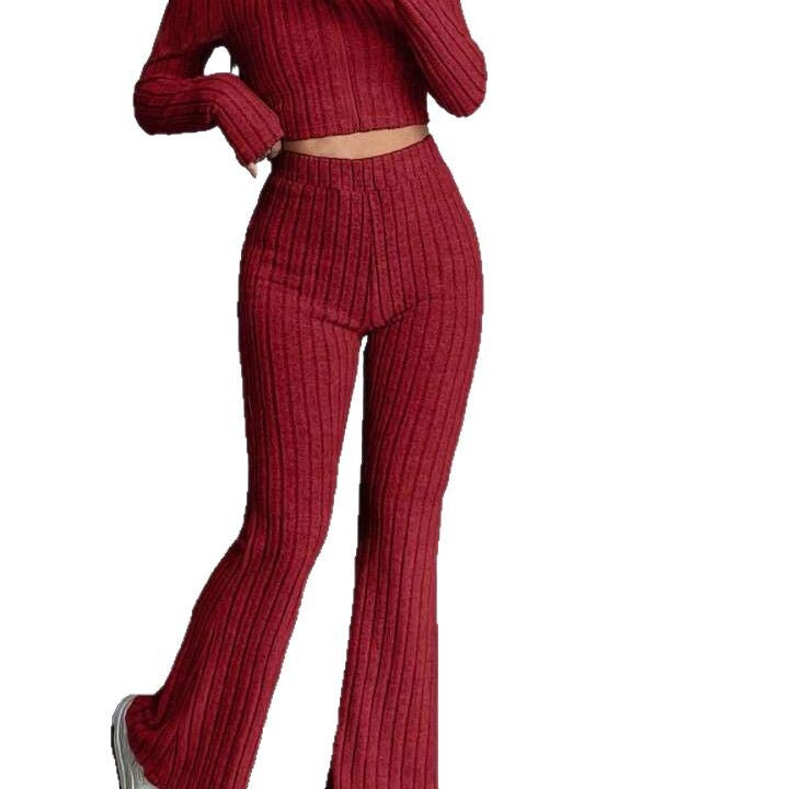 Damen modisches Strick-Loungewear-Set mit hohem Bund Drune