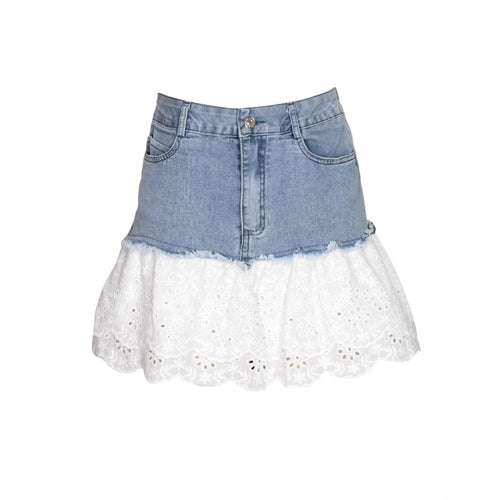 Femme Denim und Spitze A-Linie Rock Drune