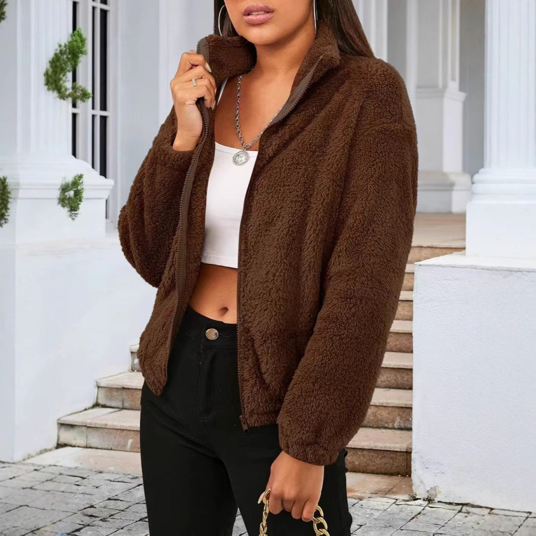 Damen Teddyjacke im lässigen Oversized-Stil mit hohem Kragen und Reißverschluss Drune