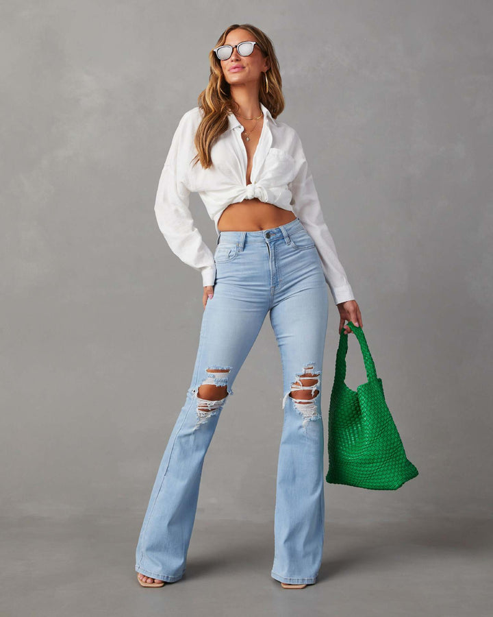 Damen Flared Jeans mit modischen Destroyed-Details und hohem Bund Drune