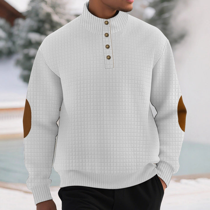 Herren nan kariertes Stepp-Sweatshirt mit Henley-Blende hohem Stehkragen und Velours-Ellenbogenpatch Drune