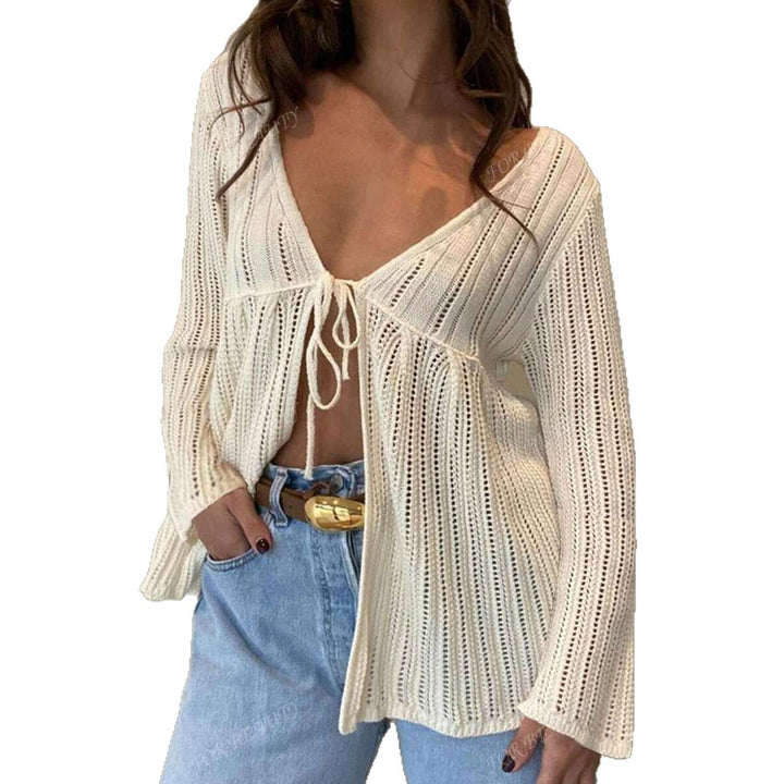 Damen luftige Strickjacke mit tiefem V-Ausschnitt und Bindeband Drune