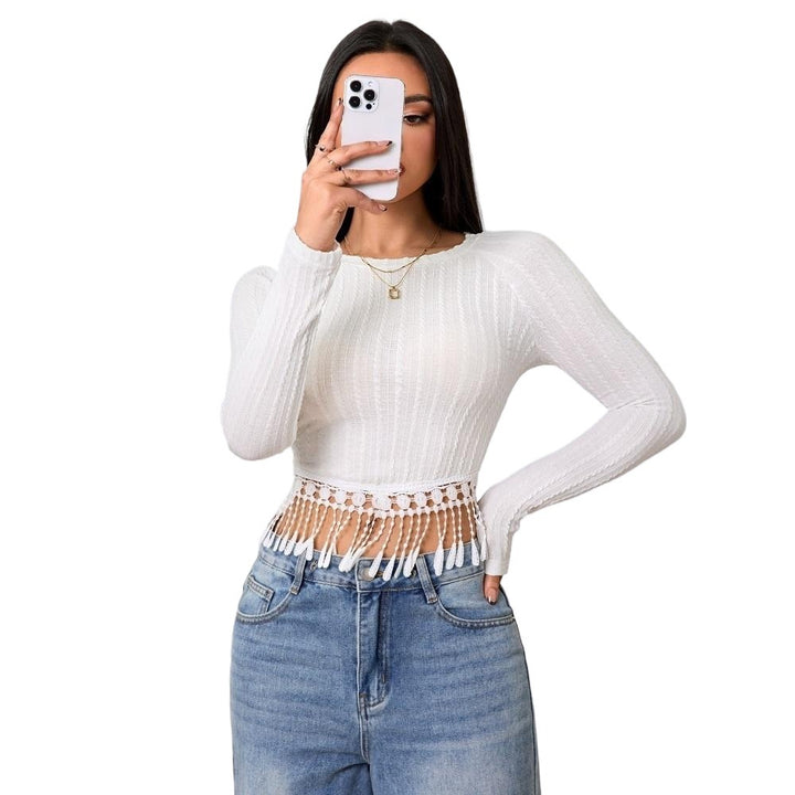 Damen Cropped Langarmshirt mit besonderen Fransen-Details Drune