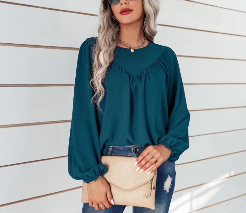 Damen lässiges Blusenshirt mit weit ausgestellten Ärmeln und feiner Rippstruktur Drune