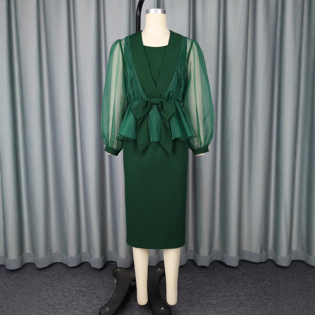 Damen elegantes Kleid mit transparentem Ärmel und tailliertem Gürtel Drune