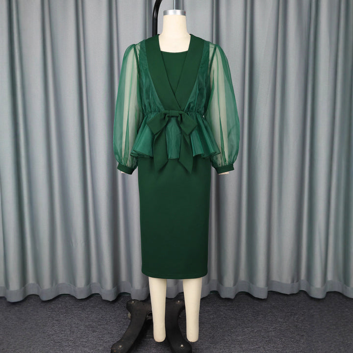 Damen elegantes Kleid mit transparentem Ärmel und tailliertem Gürtel Drune