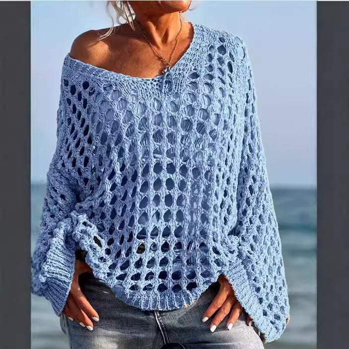 Damen Off-Shoulder Strickpullover mit luftiger Lochmaschenstruktur Drune