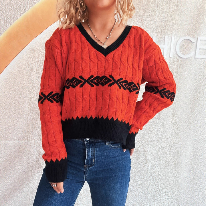 Damen lässiger Strickpullover mit modernem Zopfmuster und kontrastierenden Akzenten Drune