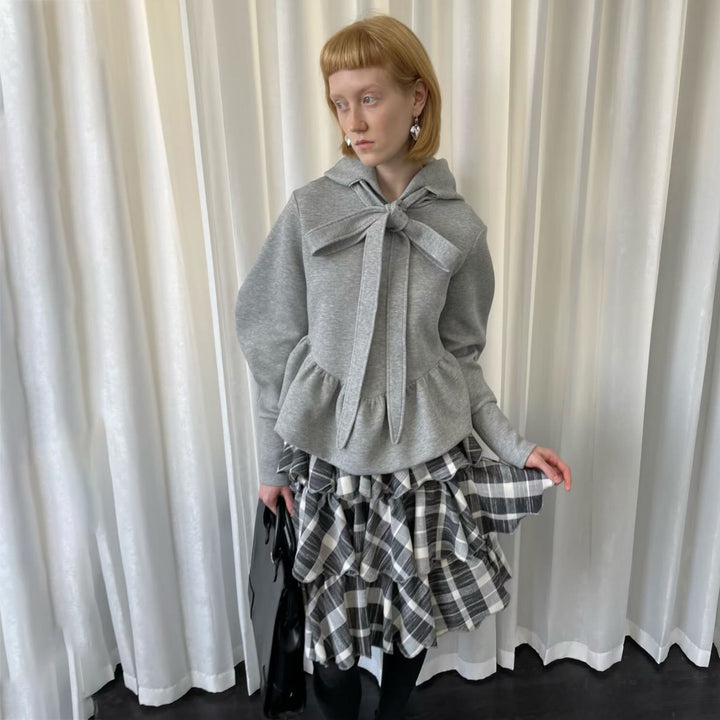 Damen Pullover mit Krawatten-Detail und Volant Drune
