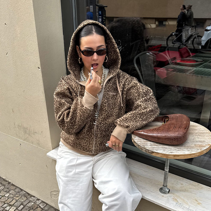 Damen Oversized Kapuzenpullover mit Leopardenmuster Drune