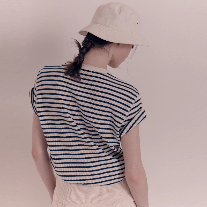 Damen modisches gestreiftes Kurzarmshirt mit Knopfleiste Drune