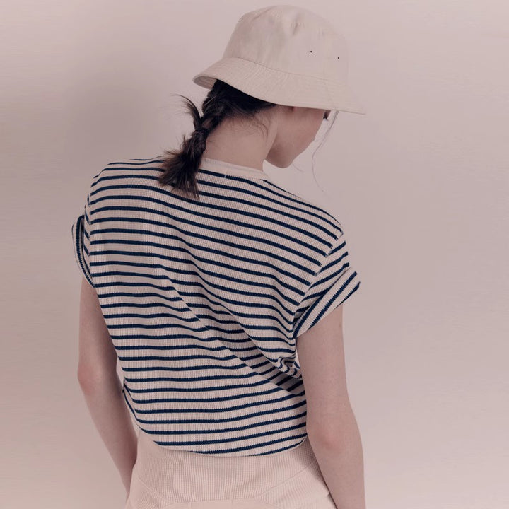 Damen modisches gestreiftes Kurzarmshirt mit Knopfleiste Drune