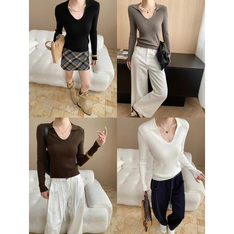 Damen längerer Rippstrickpullover mit V-Ausschnitt Drune