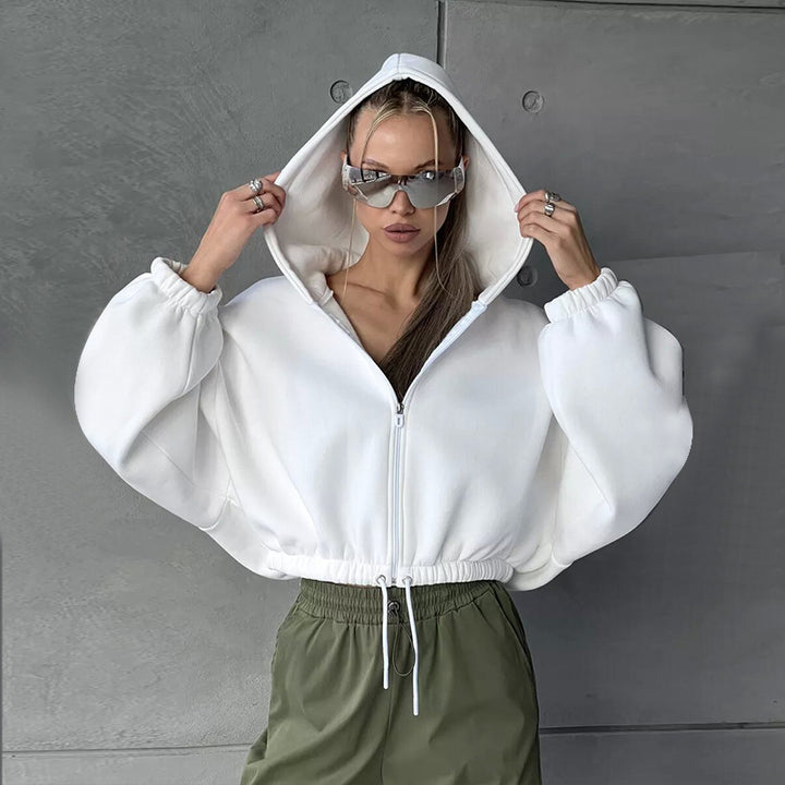 Damen nan kurzes Oversize-Kapuzensweatshirt mit Halbzip und Kordelzugbund Drune