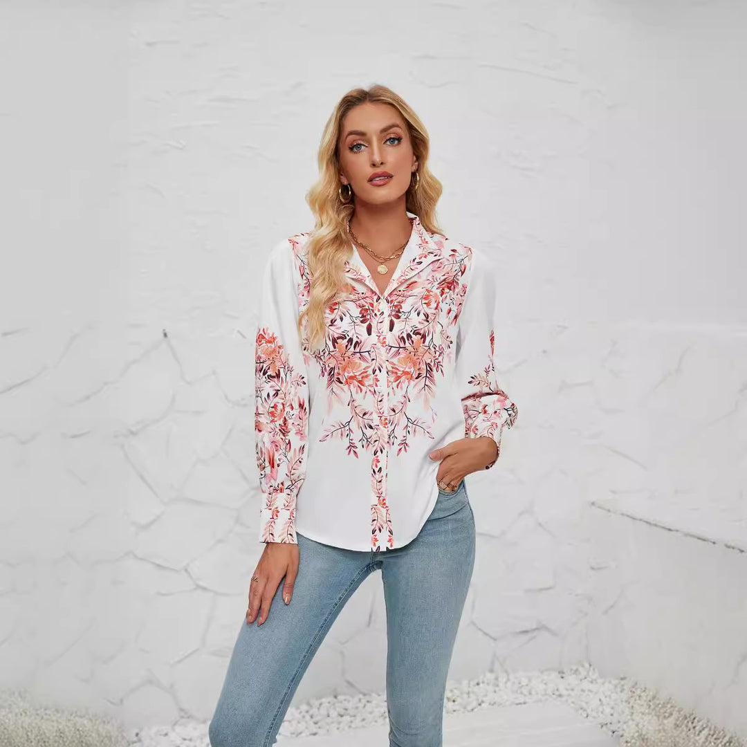 Damen elegante Bluse mit floralem Druck und weit geschnittenen Ärmeln Drune