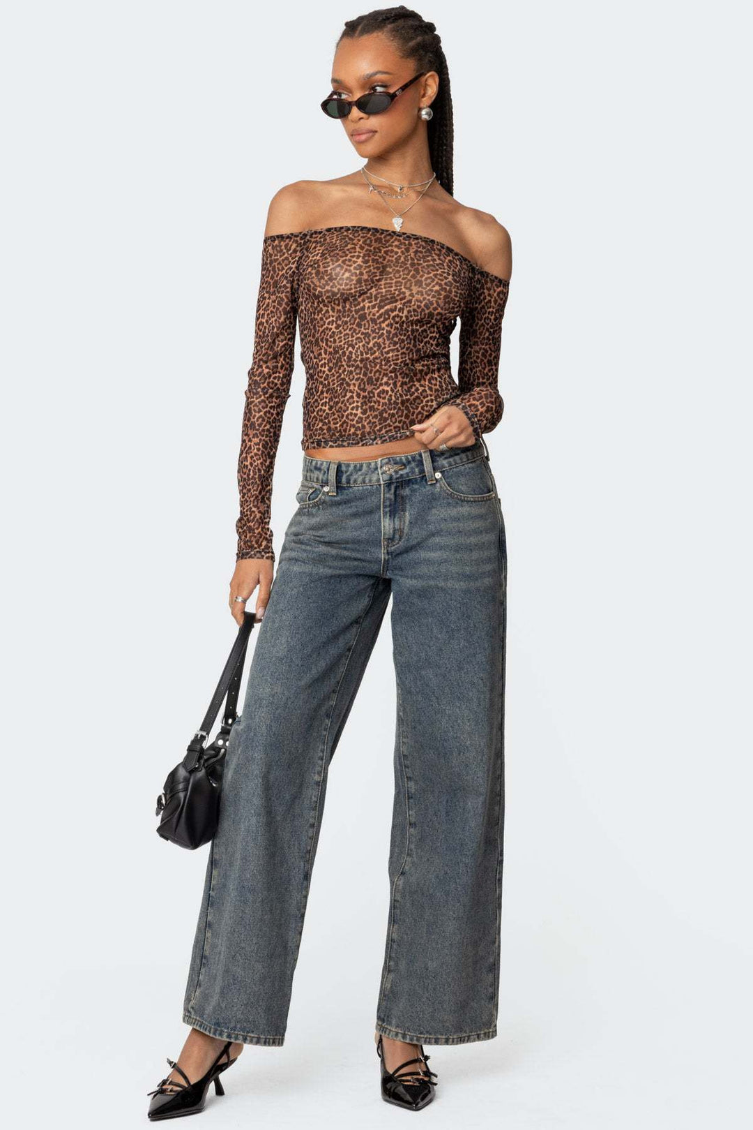 Damen Off-Shoulder Langarmshirt mit Leopardenmuster Drune