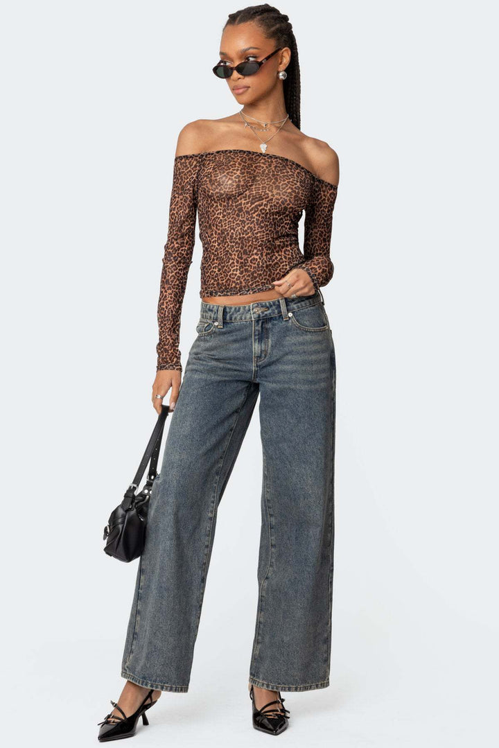 Damen Off-Shoulder Langarmshirt mit Leopardenmuster Drune