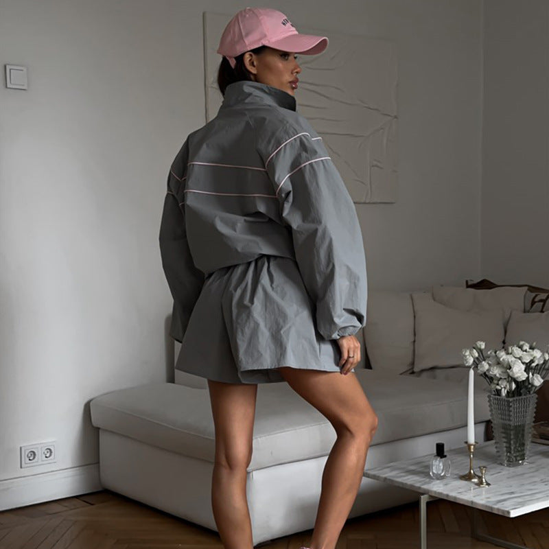 Damen sportive Kurzjacke mit weiten Ärmeln und kurzen Hosen Drune