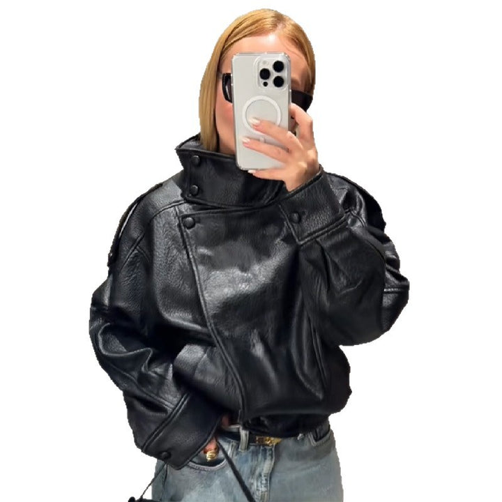 Damen elegante und voluminöse Lederjacke mit Stehkragen Drune
