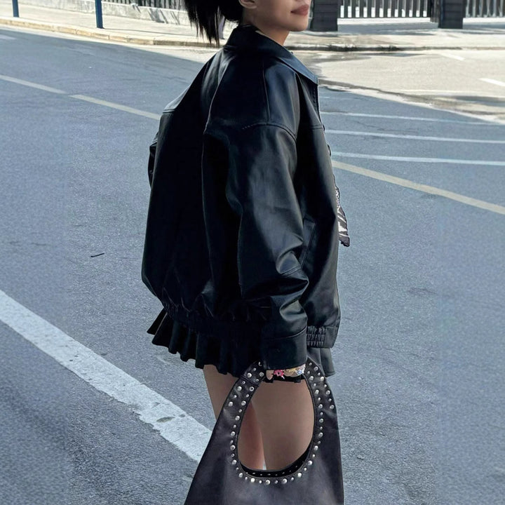 Damen Modische Lederjacke im trendigen Oversized-Stil Drune