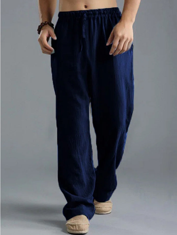 Herren nan lässige Leinenhose mit elastischem Bund, Kordelzug und geradem Bein Drune