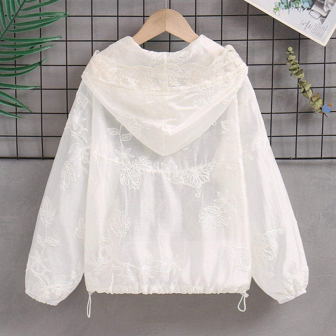 Damen nan transparente bestickte Kapuzenjacke mit Reißverschluss und Tunnelzug Drune
