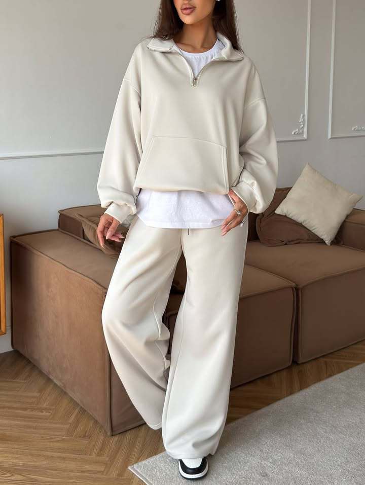 Damen nan weites Halfzip-Lounge-Set mit Kapuzenpullover, Kängurutasche und fließender Wide-Leg-Hose Drune