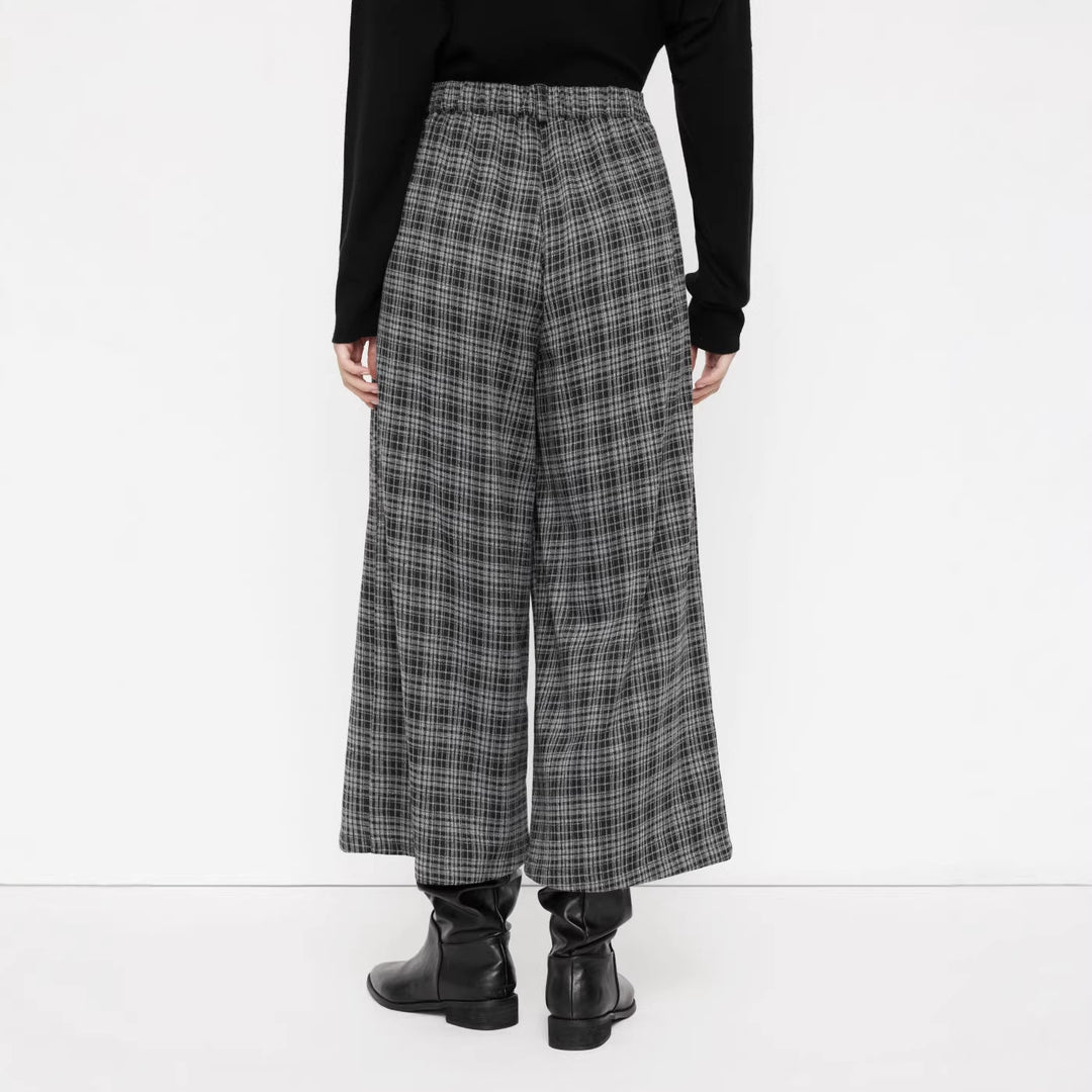 Damen weit geschnittene Karohose mit hochgerundetem Bund Drune