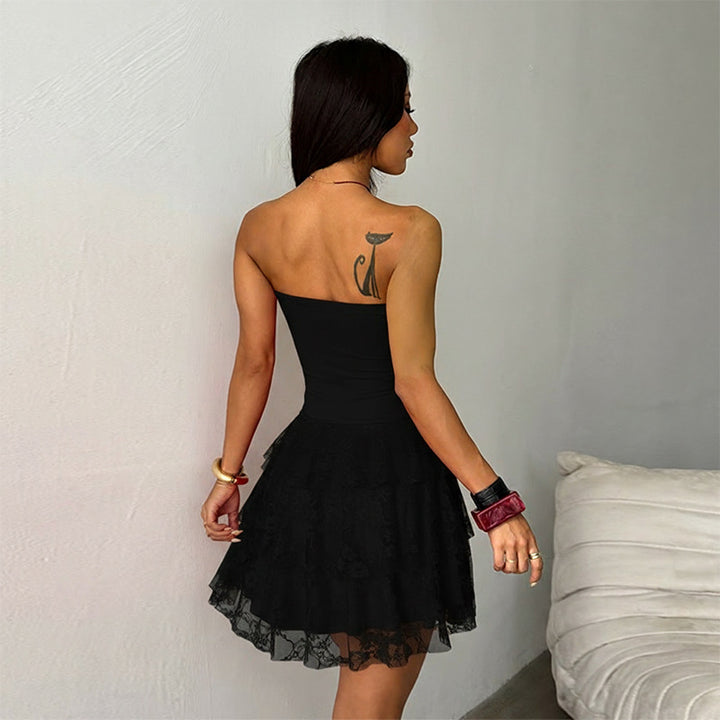 Damen schulterfreies Minikleid mit Rüschendetails und figurbetontem Oberteil Drune