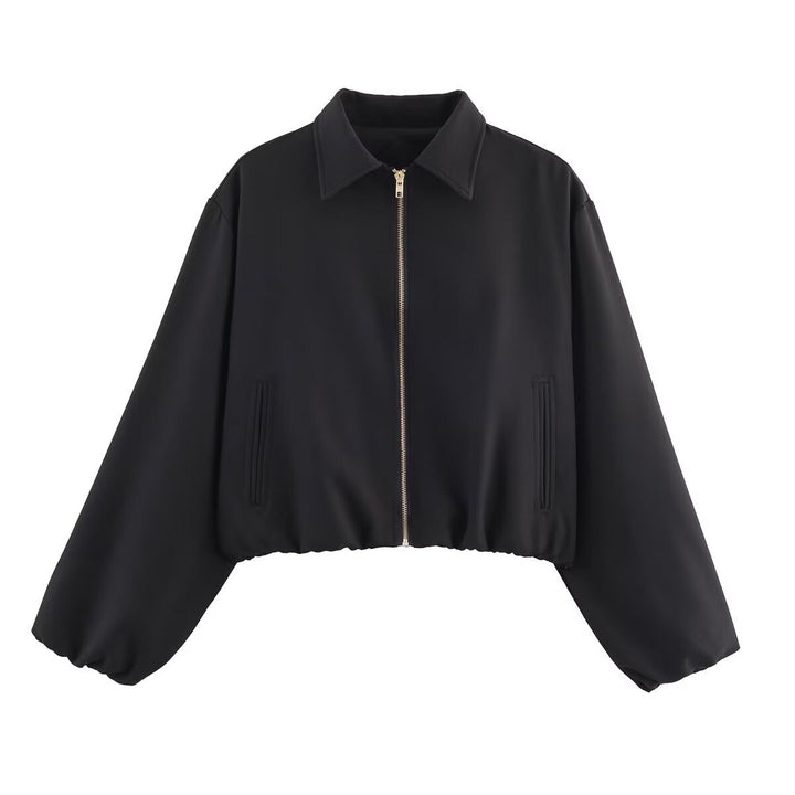 Damen nan kurze taillierte Bomberjacke mit Hemdkragen, verdecktem Reißverschluss und elastischem Saum Drune