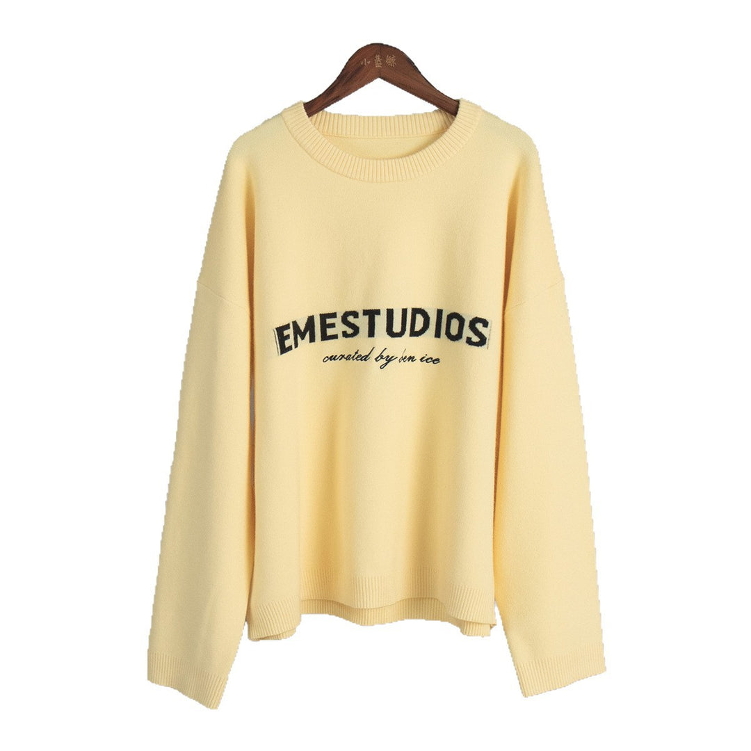 Damen lässiger Pullover aus weichem Strickmaterial mit kontrastierendem Schriftzug Drune