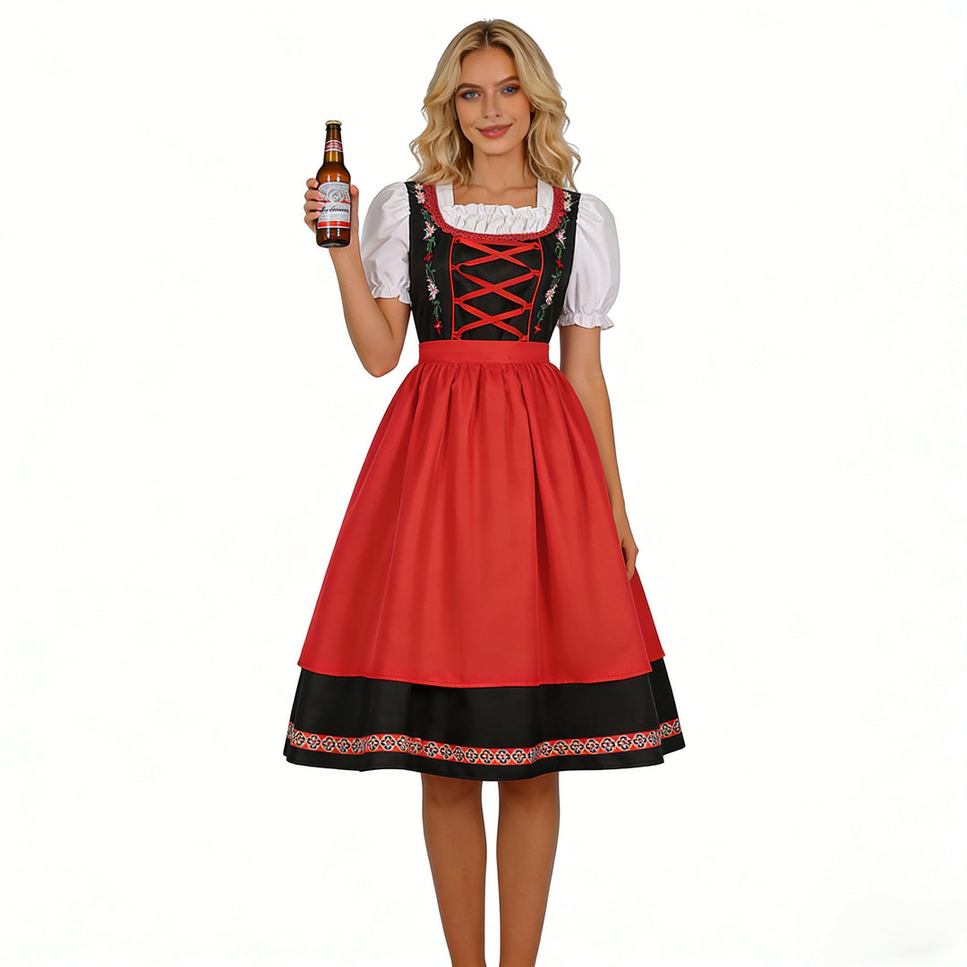 Damen nan traditionelles Dirndlkleid mit besticktem Mieder, Puffärmeln und Schürze Drune