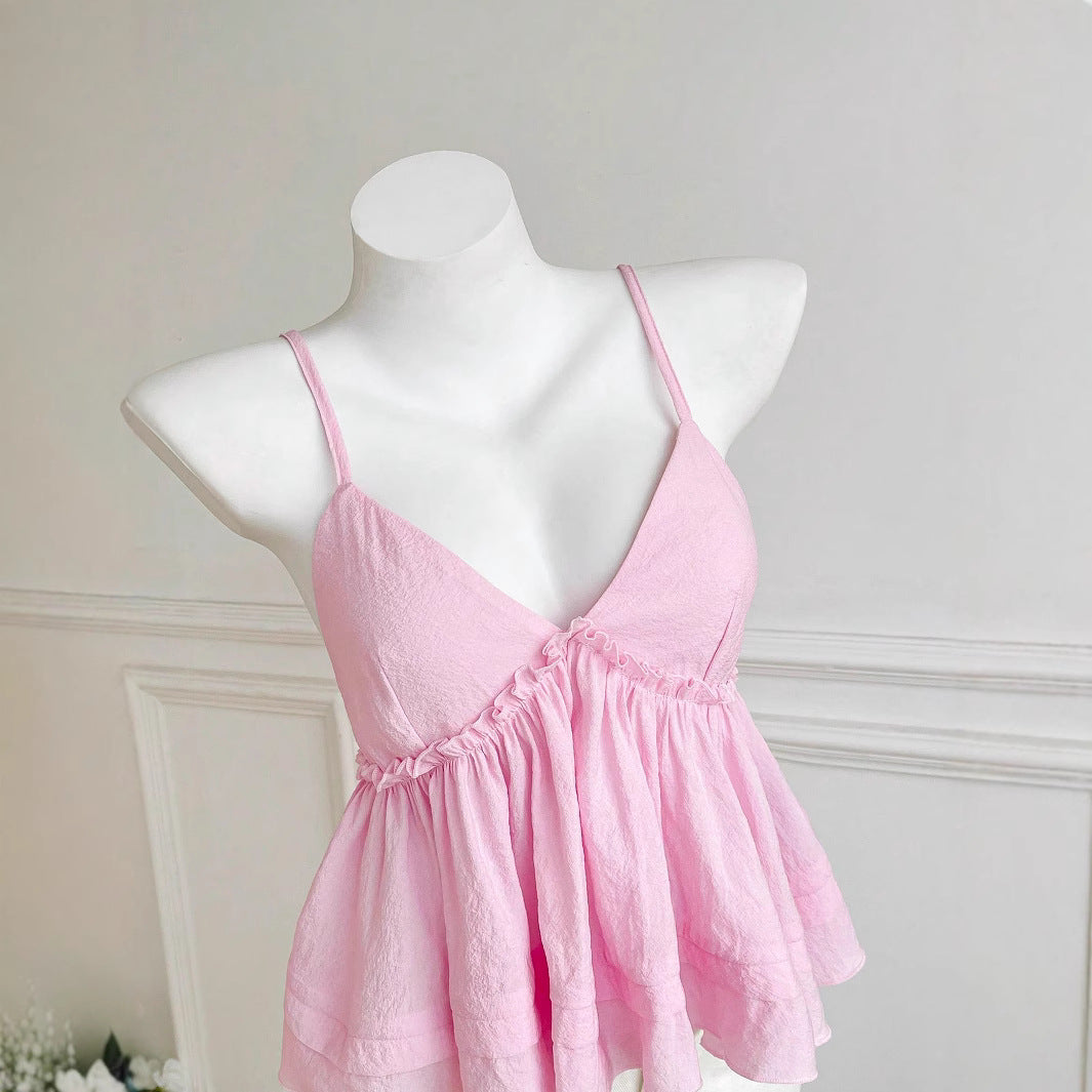 Damen asymmetrisches Top mit Rüschen und tiefem V-Ausschnitt Drune