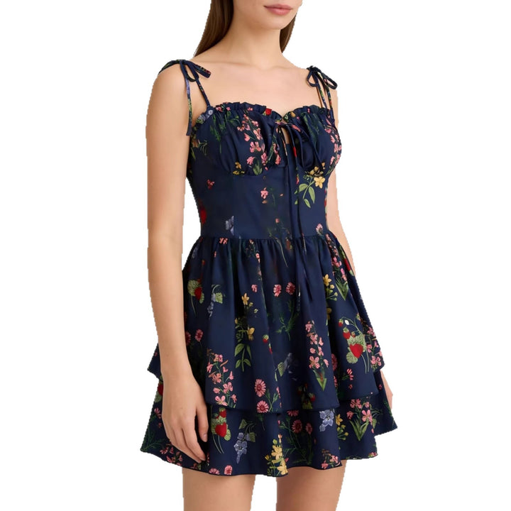Damen Minikleid mit Blumenmuster und bordeauxfarbenem Unterrock Drune