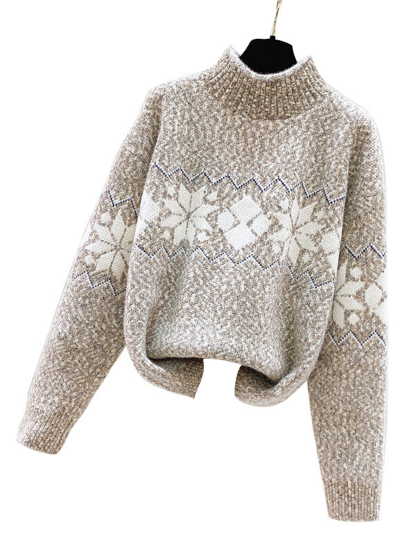 Damen Strickpullover mit hoch geschlossenem Kragen und winterlichem Muster Drune
