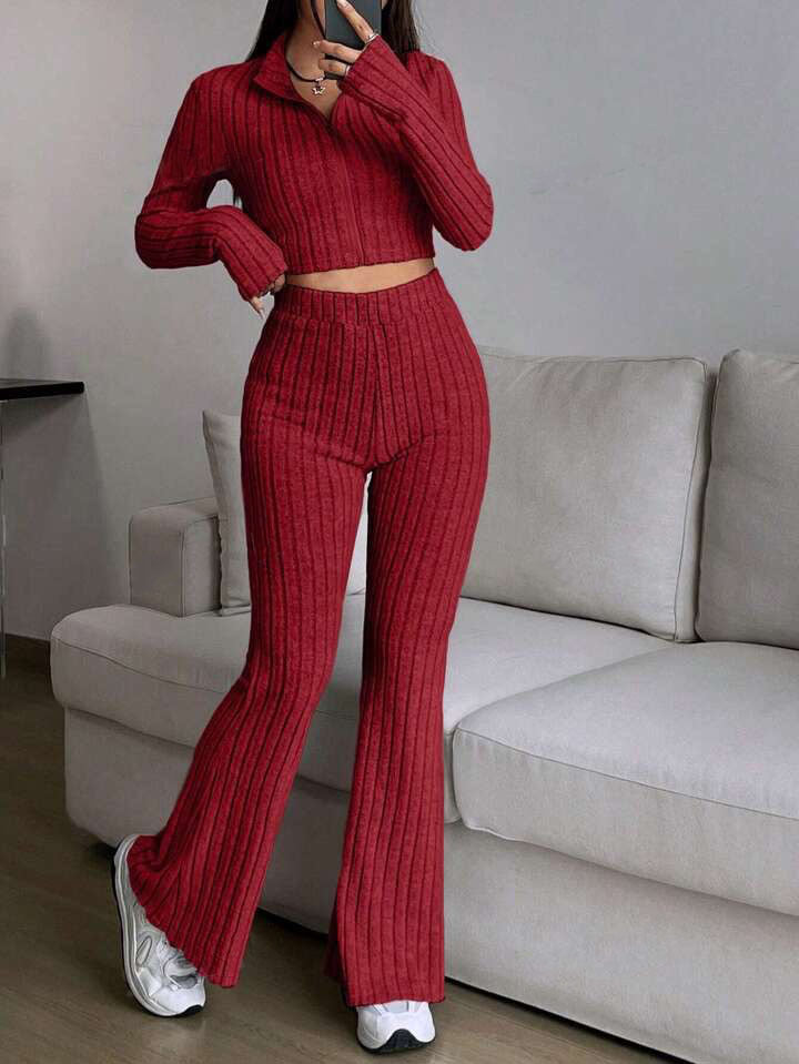 Damen modisches Strick-Loungewear-Set mit hohem Bund Drune
