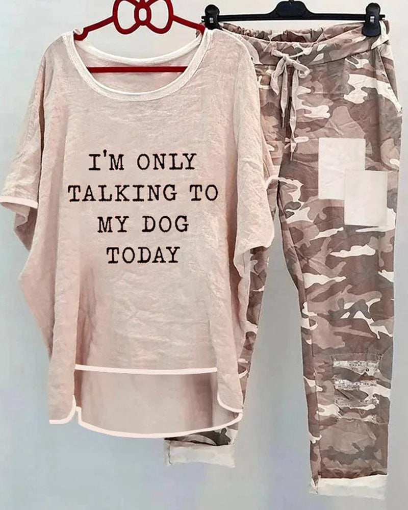Damen nan weites Freizeit-Set mit Spruchaufdruck, weit geschnittenem Langshirt und Camouflage-Jogginghose Drune